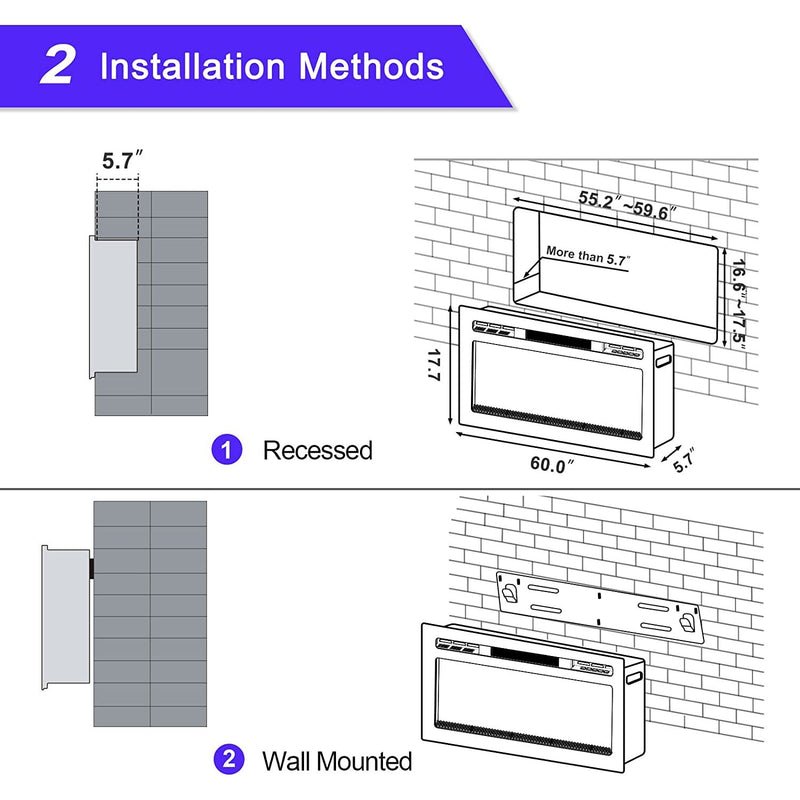 60 inch Modern Wall Mount Fireplace Insert