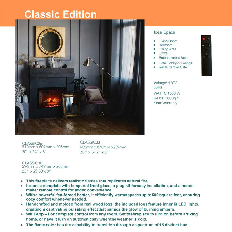 Amantii Fire and Ice Classic Built-In Electric Fireplace 26", 30", 33"