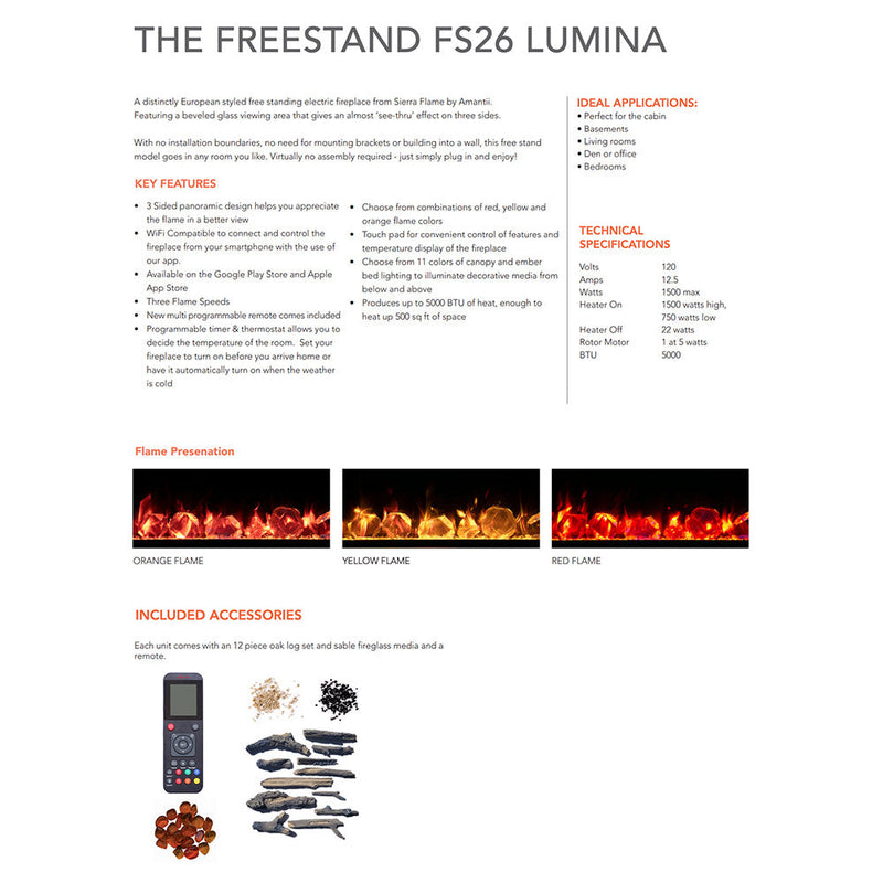 Amantii Sierra Flame FS-LUMINA Freestanding Series 26-Inch Electric Fireplace with Logs