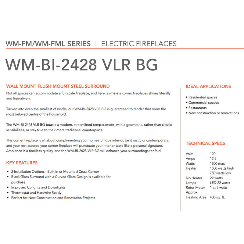 Amantii WM-BI-2428-VLR-BG Wall Mount Electric Fireplace