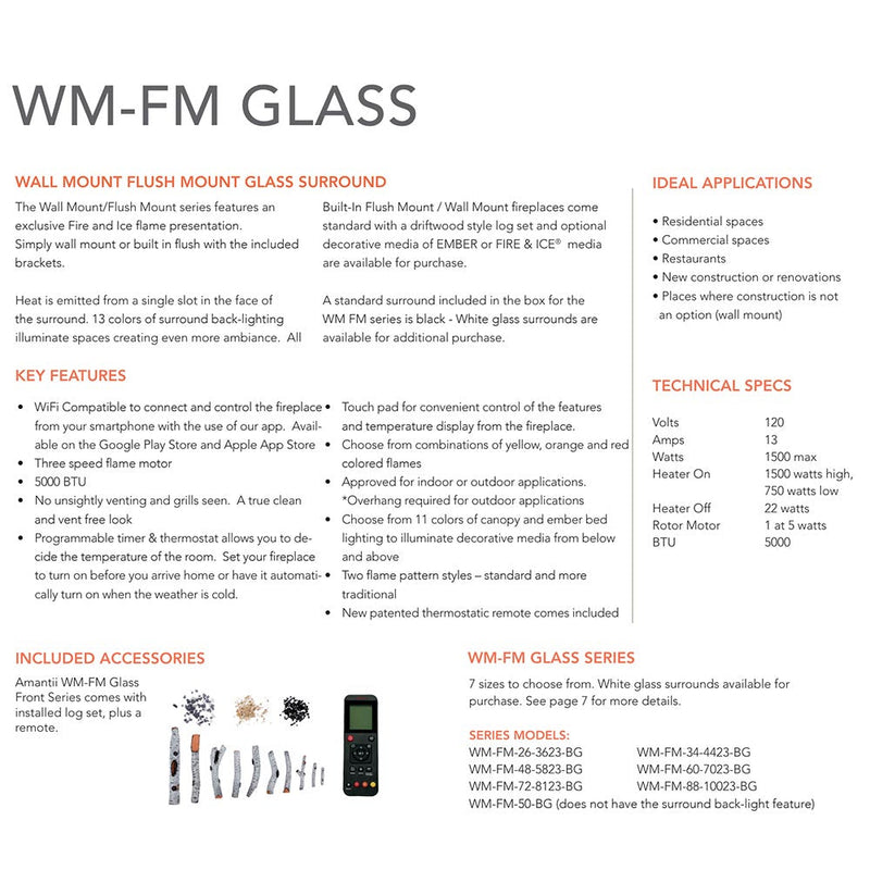 Amantii WM-FM Wall Mount/Built-In Smart Electric Fireplace with Logs and Glass Surround