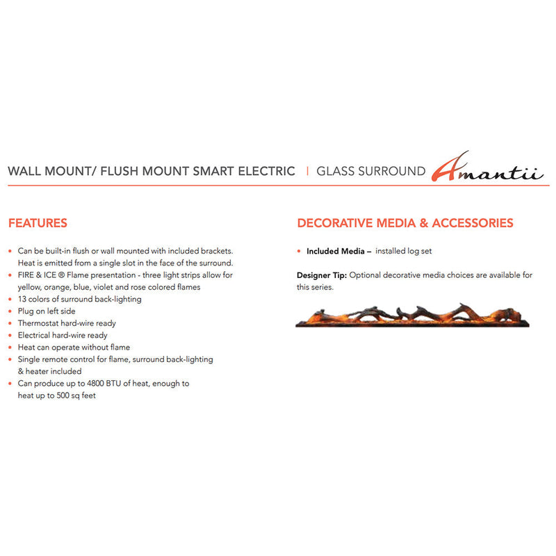 Amantii WM-FM Wall Mount/Built-In Smart Electric Fireplace with Logs and Glass Surround