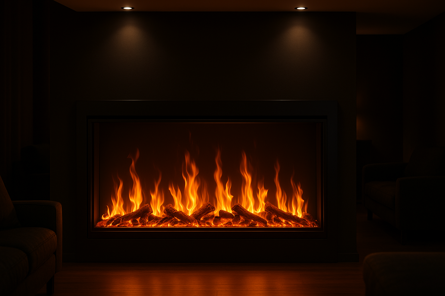 big Smart Electric Fireplace in the dark indoors with lights 