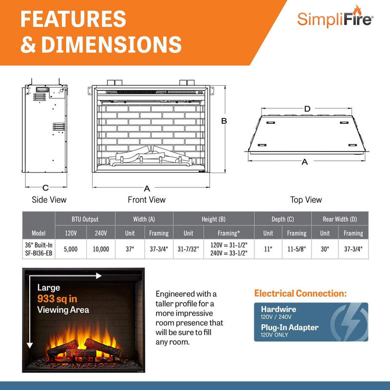 SimpliFire 36 - In Built - In Electric Fireplace - SF - BI36 - EB - Outside Town
